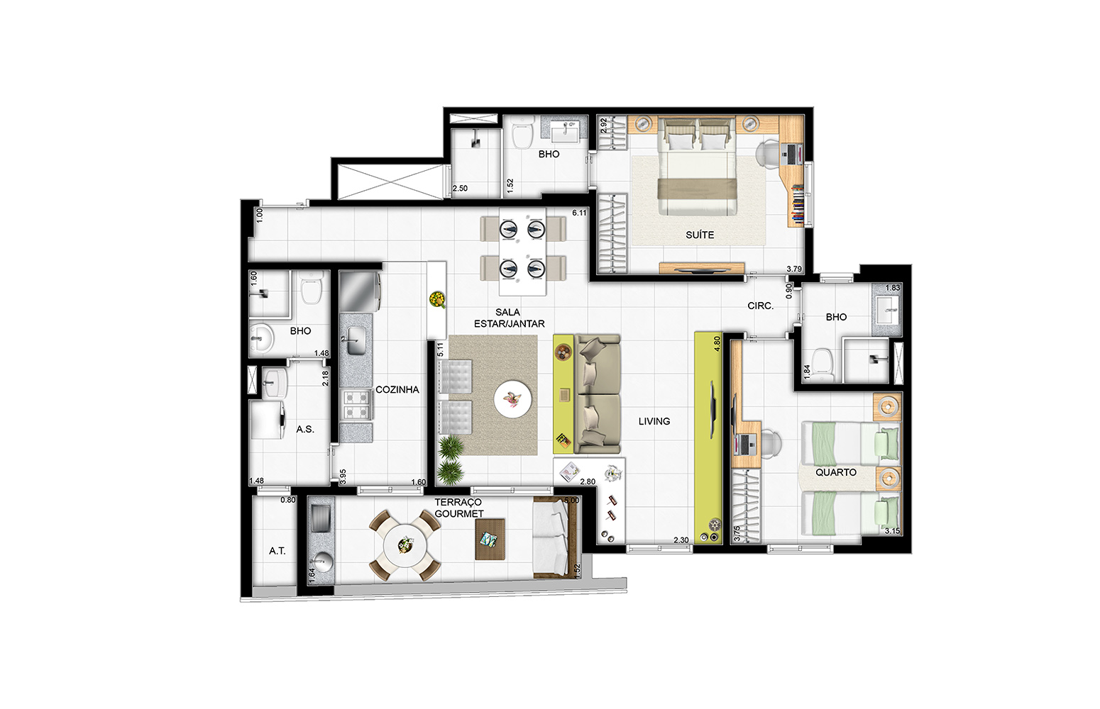 92m² - 1 suíte, 1 quarto e living ampliado