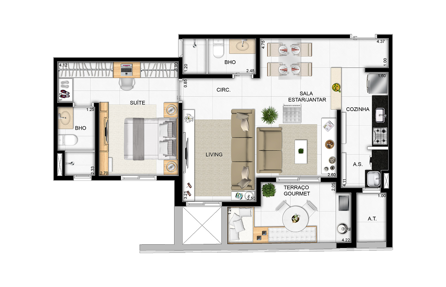  68 m² - 1 suíte e living ampliado